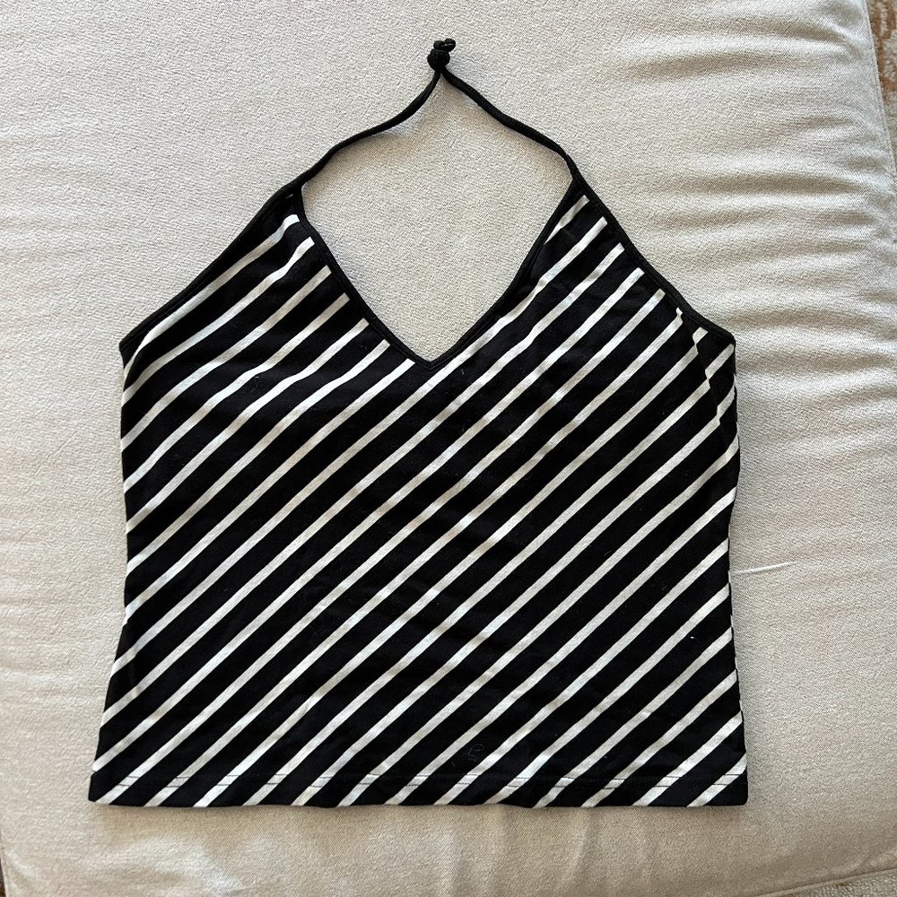 EUC Express Black & White Diagonal Striped Halter Top Sz L